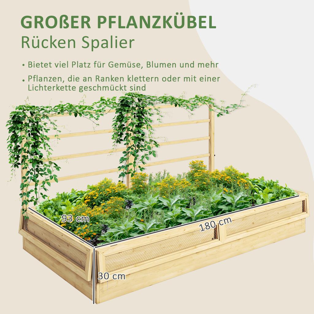 Raised Garden Bed Planter Box Herb Bed, Weather-Resistant, 1 Trellis, 183 x 98.5 x 95 cm, Natural