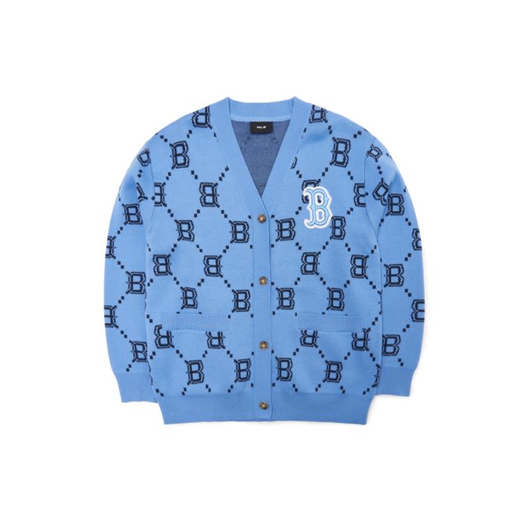MLB Base Logo Knitwear Unisex Blue V neck Moderate Cardigan 3AKCM0221-43BLS L