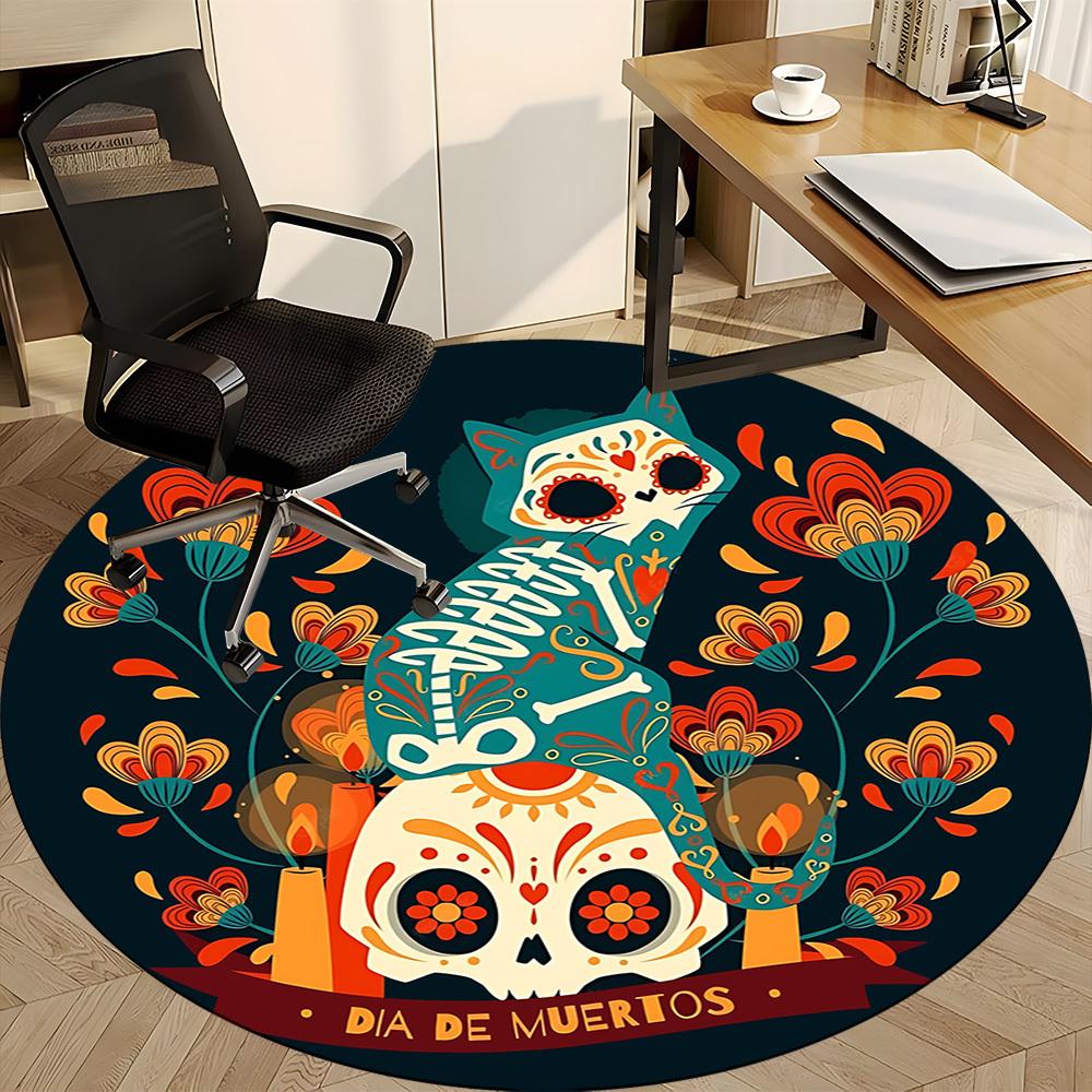 1pc Dia De Muertos, Cat Sugar Skull Office Round Area Rug,  Mat Suitable For Office, Under Office Chairs Bedroom Living Room Home Decor, Room Deco