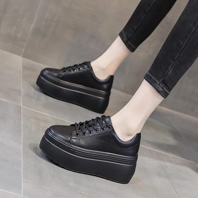 

Leather Women s Casual Shoes Super Thick 8 Cm Sneakers Thick Spring Apartment Women s Shoes 39 чорний