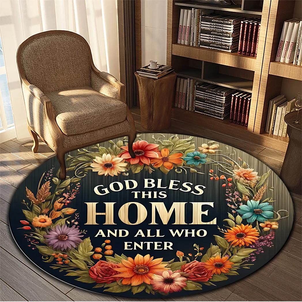 God Bless This Home Floral Wreath Round Rug Religious Christian Decor Soft Flannel Living Room Bedroom Welcome Mat Carpet Diameter 60cm