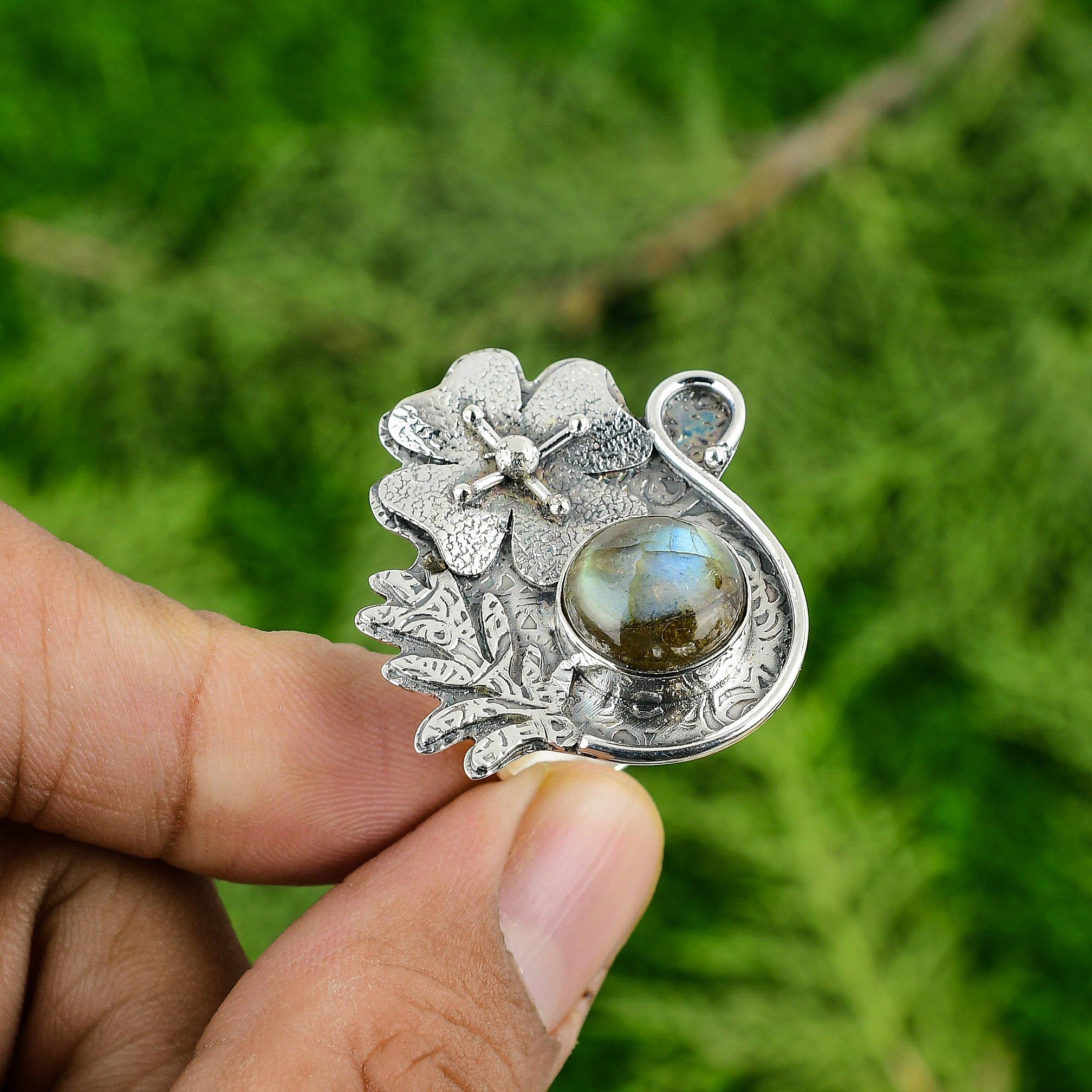 

Mothers day Deal Sterling Silver Round Labradorite Stone New Flower Ring Jewelry Adjustable