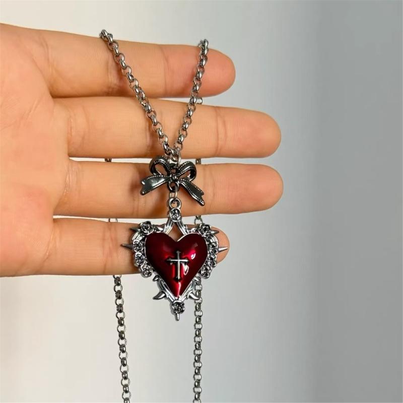 Fashionable Dark Styles Gothic Necklace with Heart Bowknot and Crosses Pendant Portable Accessory for Fashionistas