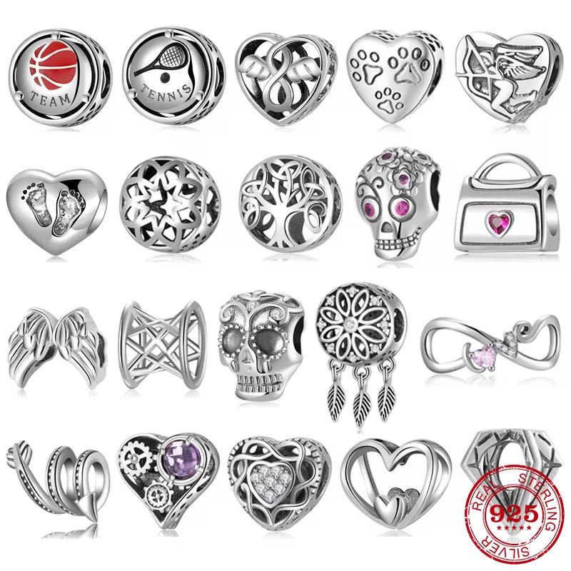 925 Silver Sparkling Angel Wings Dream Catcher Skull Clear CZ Charms for Jewelry Making Fit Original Designer Bracelets