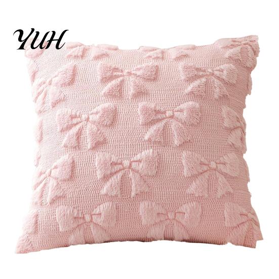 Cozy Sofa Pillow Covers Plush Throw Cover, Heart Embroidery Cushion Case with 3D Bowknot Jacquard, Romantic Room Decor Soft Fluffy Decorative