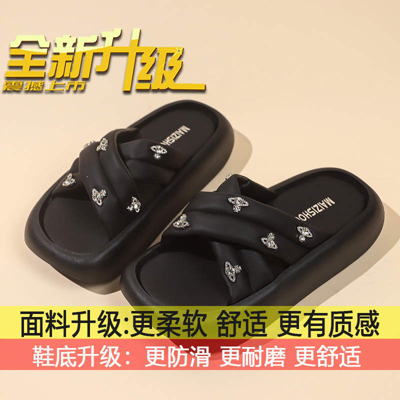 

Rhinestone cross with slippers for women to wear 2025 summer new thick-bottomed leisure vacation beach cool slippers tide 35