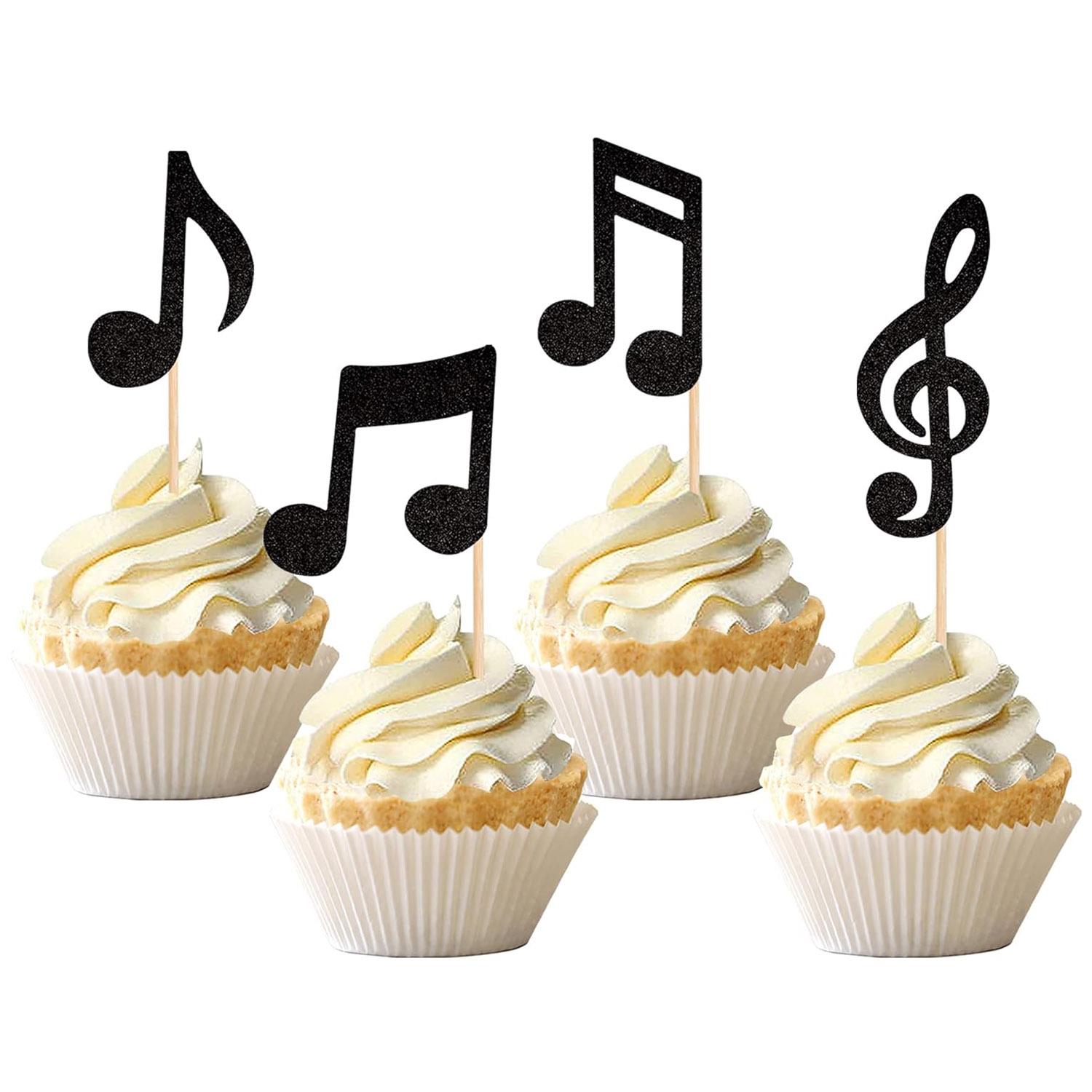 

16PCS Music Notes Cupcake Toppers Black Glitter Musical Symbol Cupcake Picks for Rock Music Concert Theme Baby Shower Wedding B