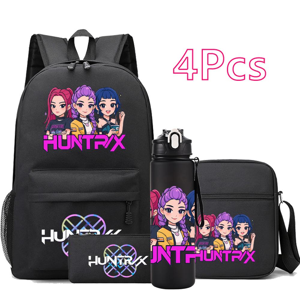 4Pcs/set Anime Cartoon K-Pop Printed Backpack with 750Ml Water Bottler for Teenager Student Girl Boy Bookbag Kid Gift Large Capacity Travel Bag