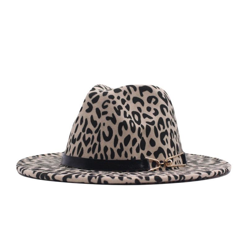 European and American new woolen leopard print top hat flat-brimmed big eaves hat couple hat pair buckle chain jazz hat