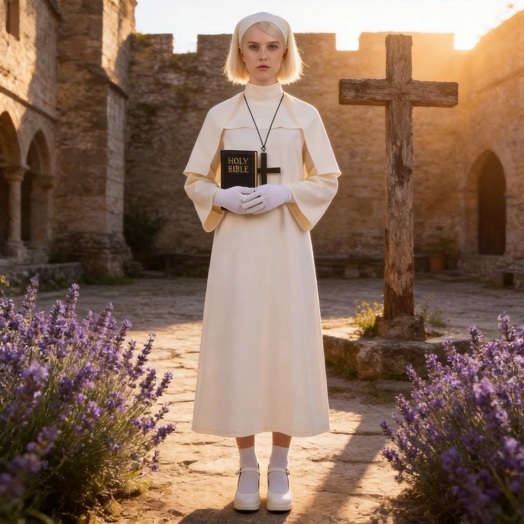 Costume da Suora Cosplay di Halloween in Tessuto Poliestere per Role Play Fantasy
