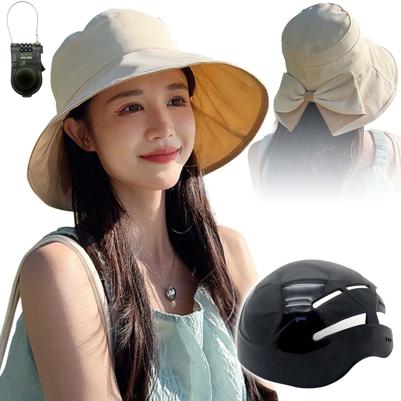 

UPF Adult Bicycle Helmet with Helmet Stylish Hat Style for Women and Fits Head Circumferences with Chin Ideal for Everyday and Disaster Beige Built-in бежевый