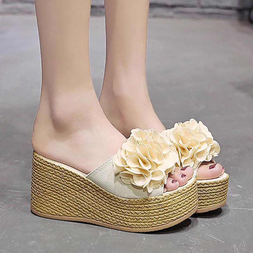 Women''S High Heeled Thick Bottom Fashion Casual Large Flower Flip Flops Slippers For Women Fuzzy Extra Wide Slippers For Women