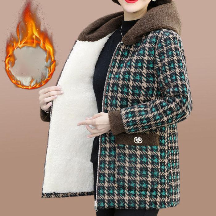 

Женская плюшевая куртка с капюшоном из овечьей шерсти - Толстая теплая универсальная короткая куртка в клетку M зелёный