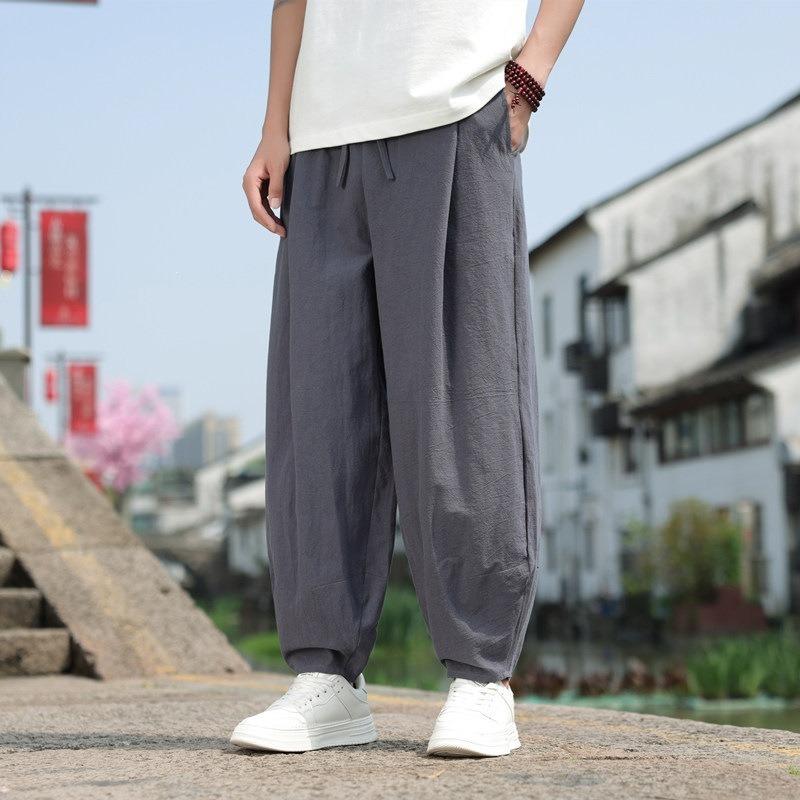New National Style Large Size Simple and Versatile Bloomers Cotton and Linen Wide-leg Pants Men's Summer Thin