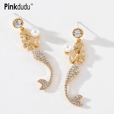 Romantic Mermaid Pearl Drop Earrings Elegant Shiny Zircon Gold Plated Fantasy Creature Office Party Earring Gifts PD643