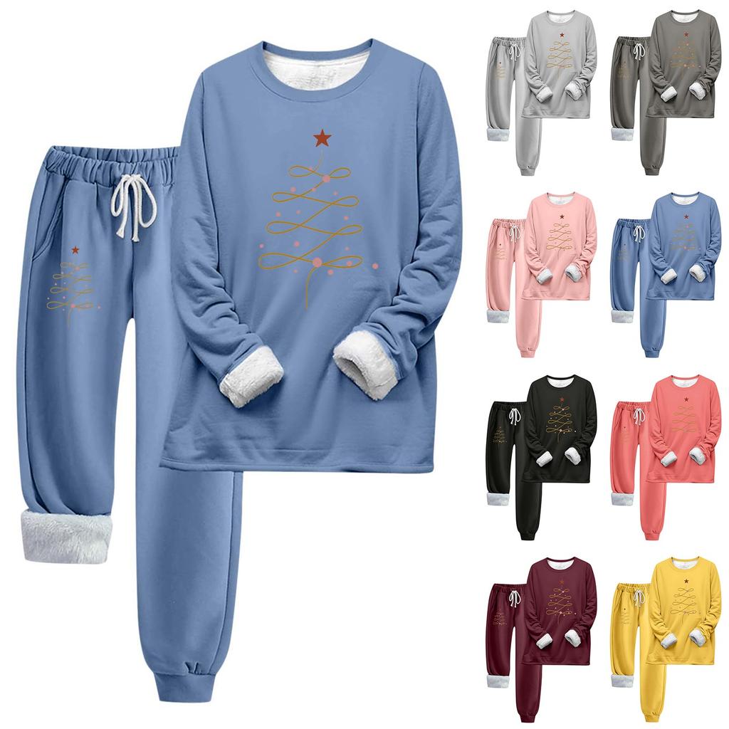 Two Piece Outfits For Women Warm Fleece Lined Jogger Set Crewneck Long Sleeve Christmas Printed Sweatshirts Drawstring Waist Sweatpants