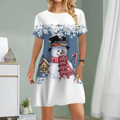 Abito casual da donna Estate Inverno Abiti con stampa pupazzo di neve per donna Scollo rotondo Manica corta Taglie forti