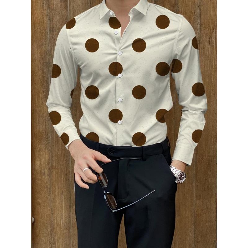 Camisa de Manga Larga con Lunares Grandes para Hombre, Camisa de Negocios con Cuello, Top Versátil Casual Europeo y Americano para Hombre