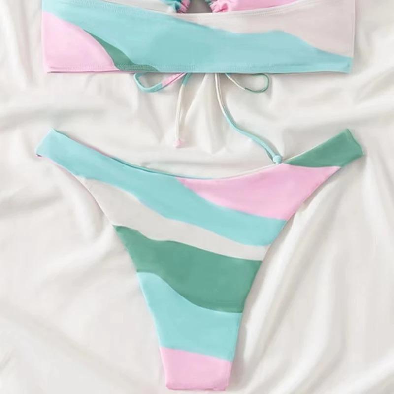 Sexy Bikini Set for Women Thong, Side Halter Tie Swimsuit Ladies Split Strap, Adjustable Brazilian Swimwear,Beachwear