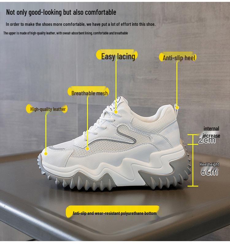 2025 Trendy Women's Genuine Leather Platform Sneakers with Thick Sole and Concealed Lift
