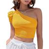 European and American New Summer Shoulder Asymmetrical Collar Fashion Solid Color Ruffle Edge Navel Short Top Women