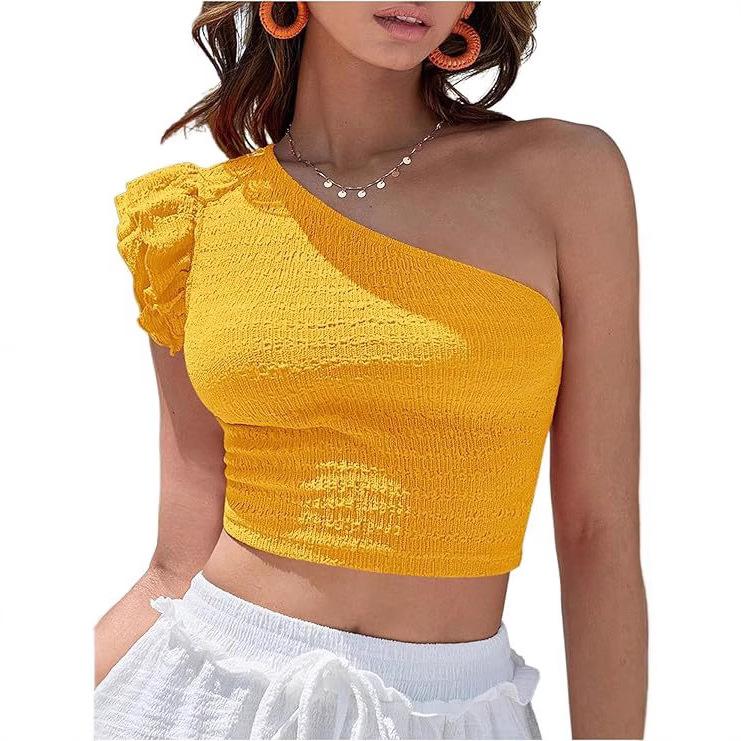 European and American New Summer Shoulder Asymmetrical Collar Fashion Solid Color Ruffle Edge Navel Short Top Women