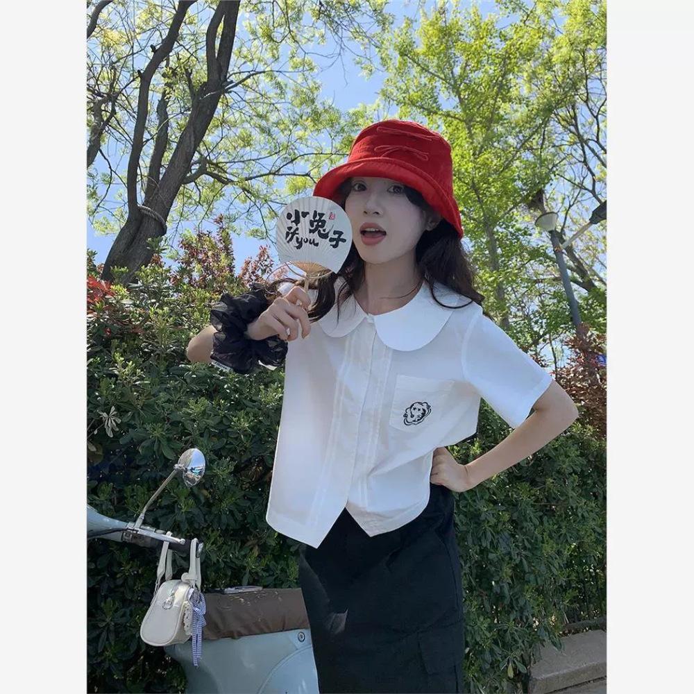 Korean College Style Embroidered Lapel Short Sleeve Shirt for Women - Loose Fit, Petite One Size (Premium Quality) белый