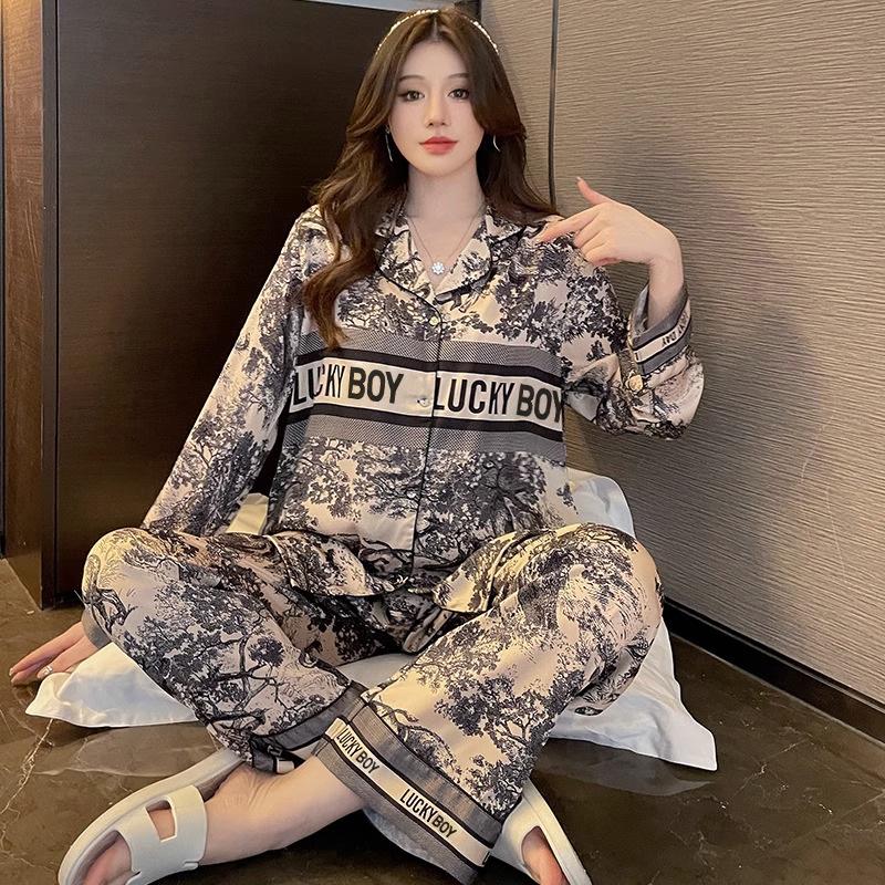 

Пижамный комплект из женского шелка с рисунком тушью Jungle Secret: Элегантные длинные рукава и брюки на весну/осень L