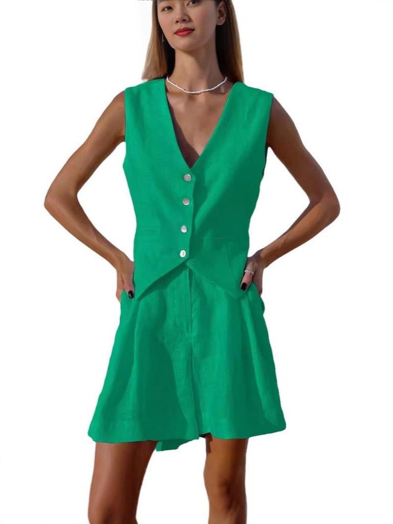 Women's Cotton Linen Suit Vest & Shorts Set (European & American Design, Sleeveless, Spring/Summer Casual)