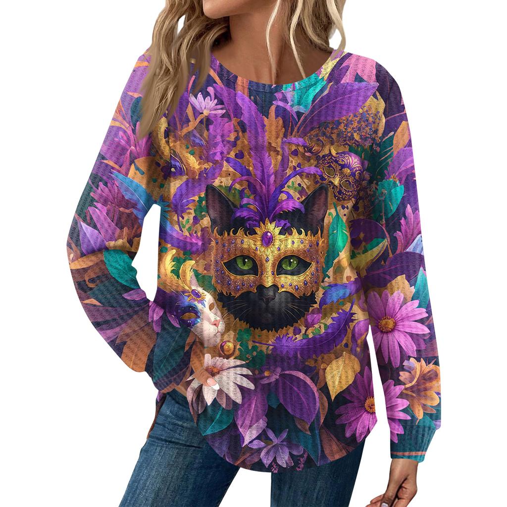 Women's Fashion Loose Long Sleeve Carnival Print Round Neck Casual Top
