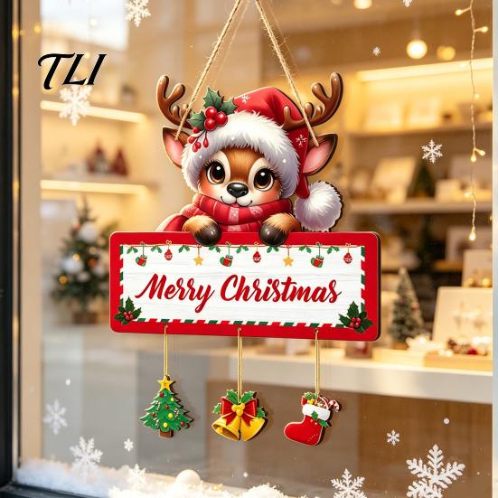 Festive Entrance Door Signs Christmas Winter Wooden Hanging Sign, Elk Snowman Decorative Plaque, Holiday Hangers Sign for Party Home Decor