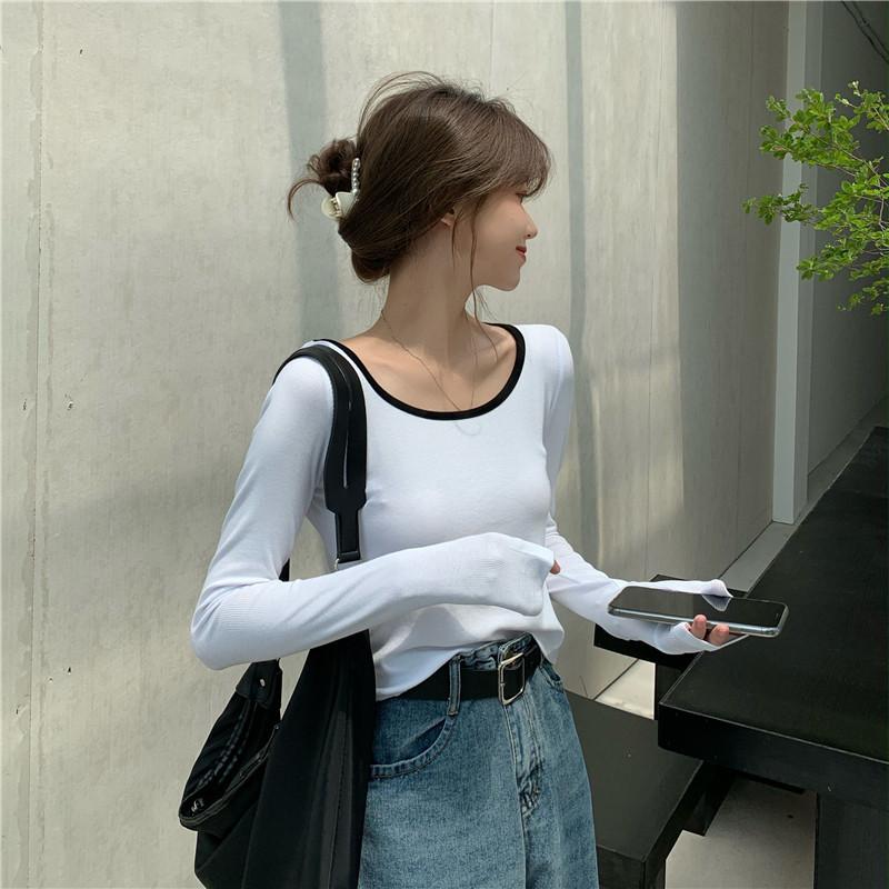 Early Autumn New Slim Long-sleeved T-shirt for Women's Collarbone Inner Bottoming Shirt Short Student Top