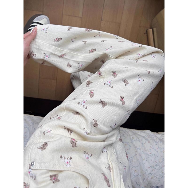 Bílé rovné džíny s potiskem medvěda v korejském stylu pro ženy Jaro Podzim Nový design Vysoký pas Široké nohavice