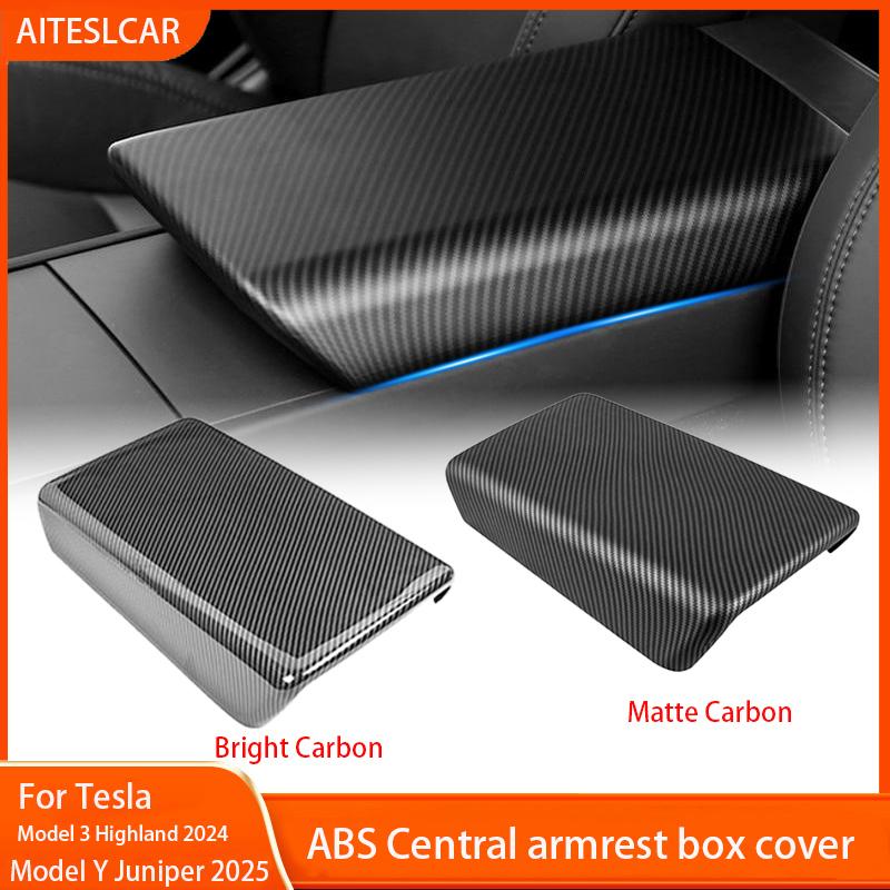 For Tesla Model Y Juniper 2025 Model 3 Highland Carbon Fiber ABS Case Center Console Arm Rest Lid Central Armrest Box Pad Cover JI4