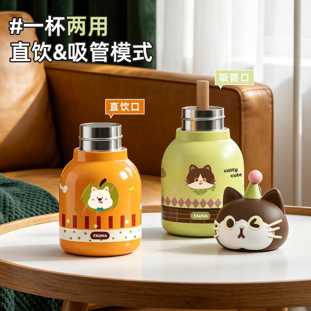 Water bottle cartoon animal thermos cup high value children's water cup school special straw cup