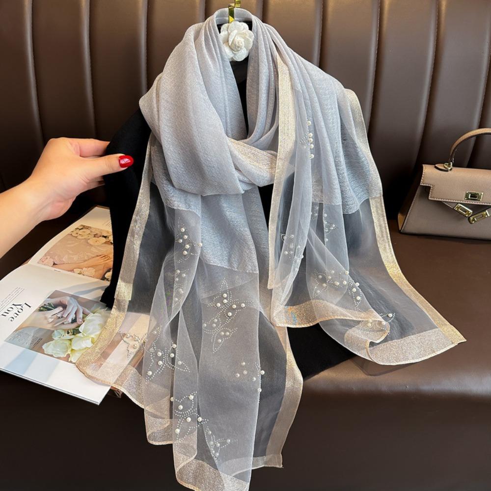 Pearl Luxury Silk Scarf Rhinestone Shiny Lace Scarf Fashion Butterfly Hijab Shawls  Female