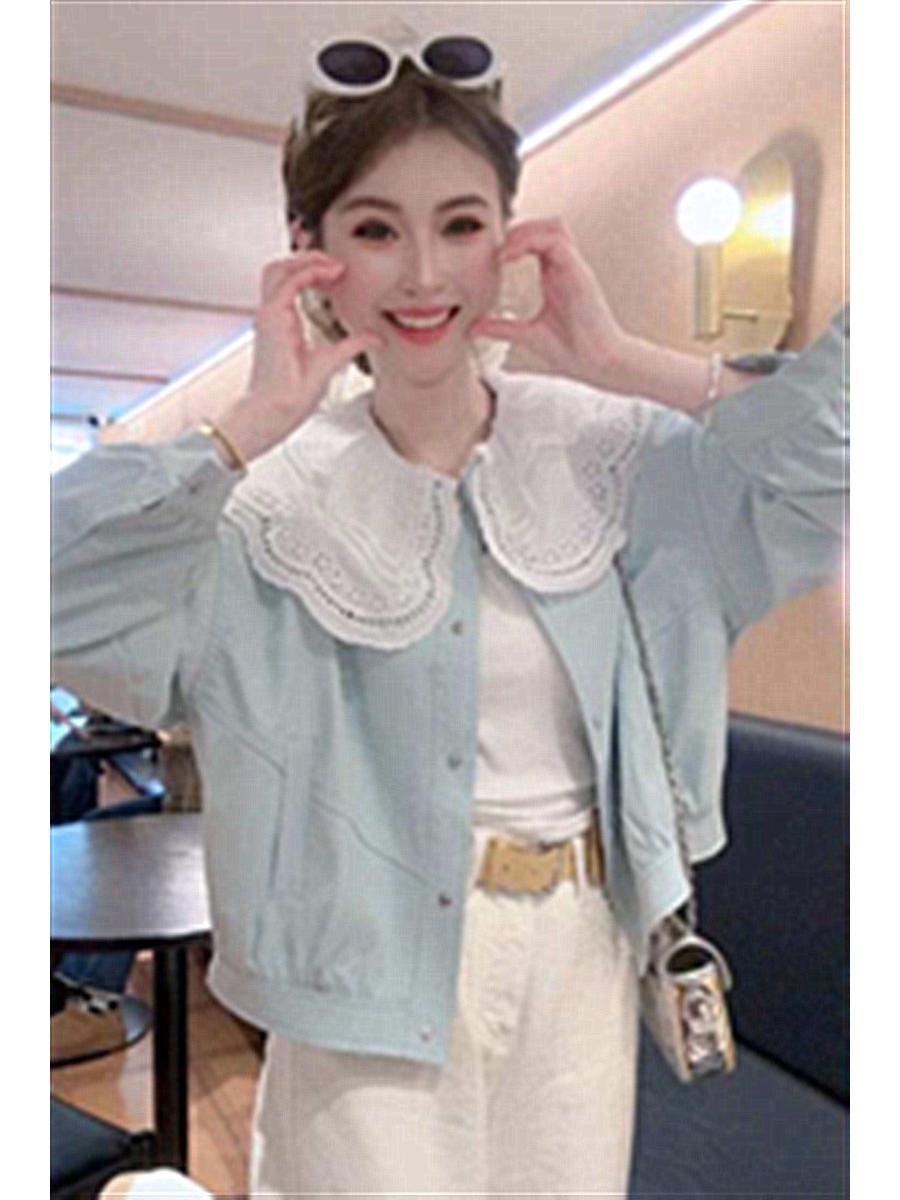 

Женский пиджак маленького размера со сладким кукольным воротником - Весна 2025 Французский дизайн рубашки. Large небесно-голубой