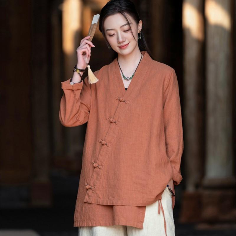 

Johnature Women Vintage Shirts Tops V-Neck Long Sleeve Spring Blouses Solid Color Loose Spring Shirts One Size