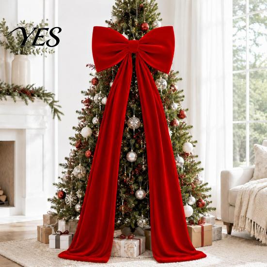 Winter Wedding Celebration Decor Large Velvet Christmas Tree Topper Bow, Giant Bow with Long Red Bows for Fireplace Streamers Room Wall Backdrop,