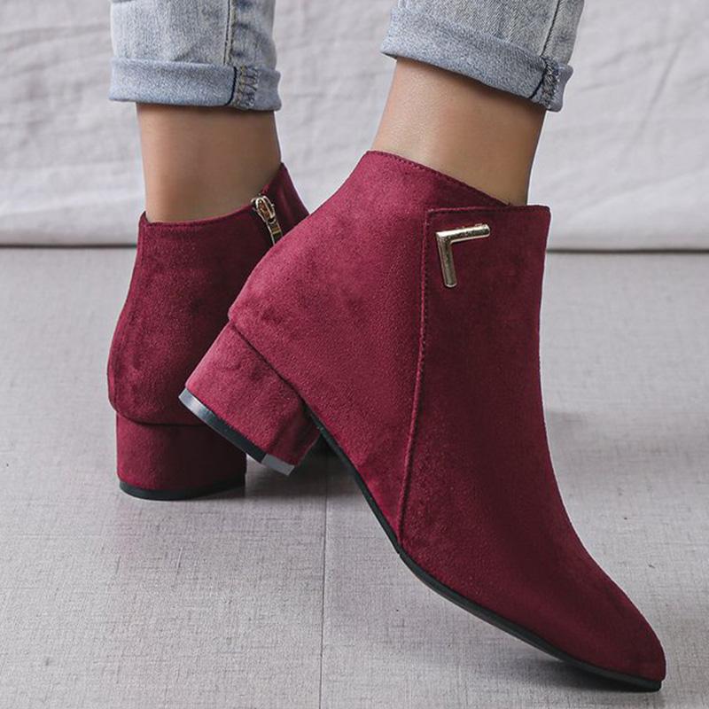 Fashion Burgundy Faux Suede Ankle Boots Women Spring Autumn 2025 Classic Metal Decoration Boots Woman Zipper Pointed Toe Botas Mujer