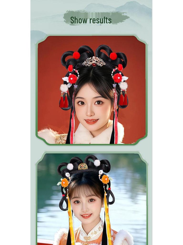 Ancient Hanfu Wig Accessory Set: Sweet Hair Bun with Tassel Flower Headdress for Women