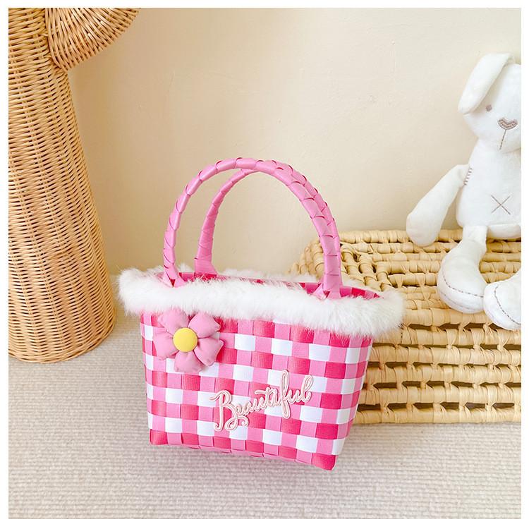 Стильная детская плетеная сумка-тоут, яркая вязаная крючком сумка для девочек с цветочным узором Pink