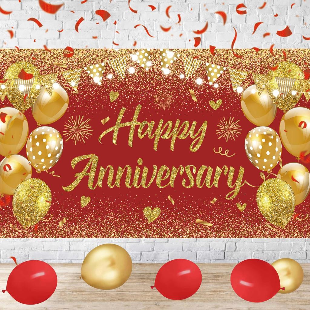 Wedding Anniversary Banner Red Gold Happy Decorations for Women Men Party, In...