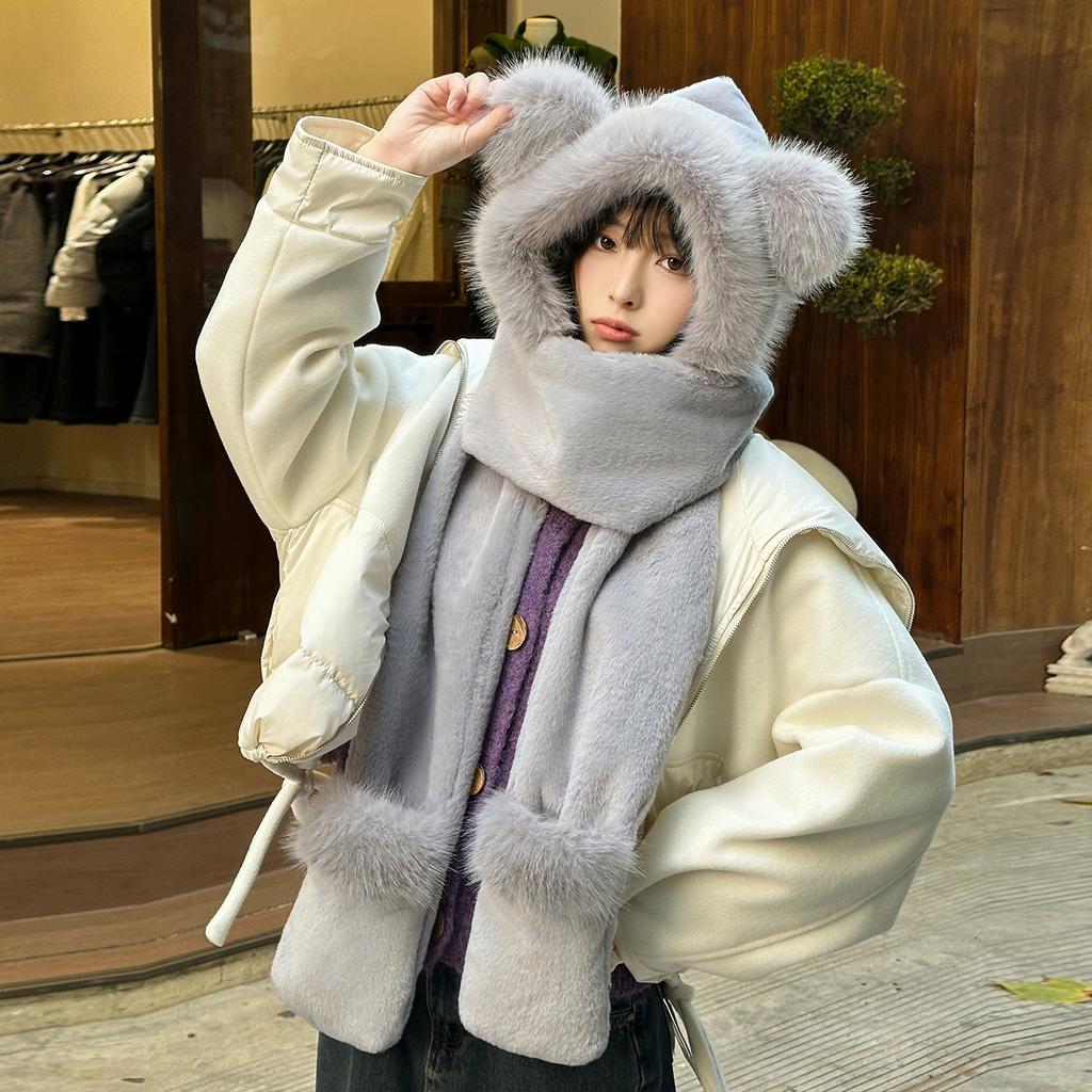 Scarf autumn and winter women's bear ears plush warm hat gloves integrated cute pullover hat WJ