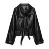 Womens Short Faux Leather Trench Coat Double Breasted Lapel Long Sleeve Casual Outerwear