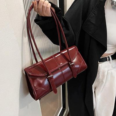 High End Burgundy Oil Wax Leather Underarm Bag Elegant Women's Magnetic Buckle Shoulder Bag Commuter Versatile Ladies Tote Bag
