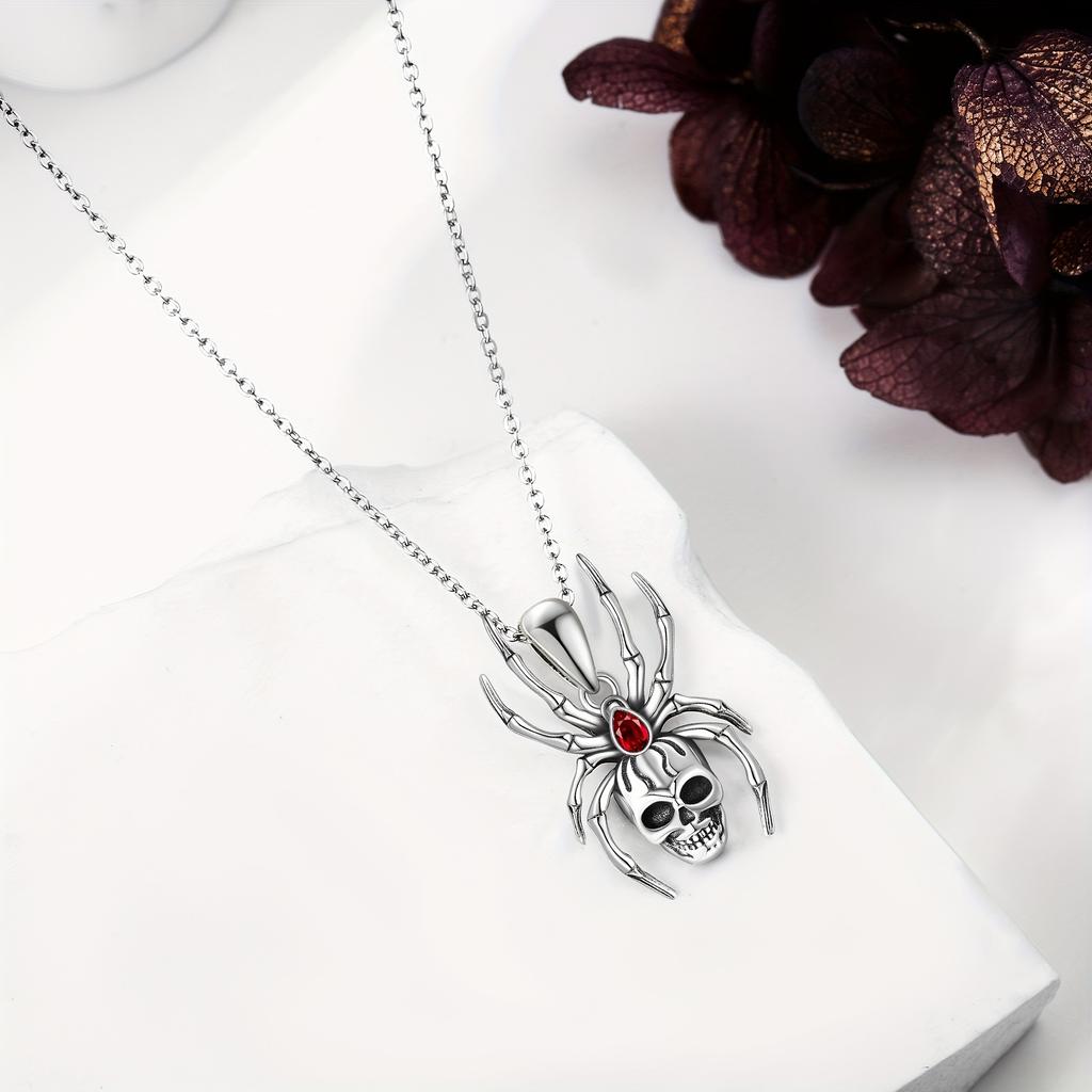 S925 Sterling Silvery Skull Spider Necklace Punk Skull Skeleton Pendant Necklaces Gothic Jewelry for Women