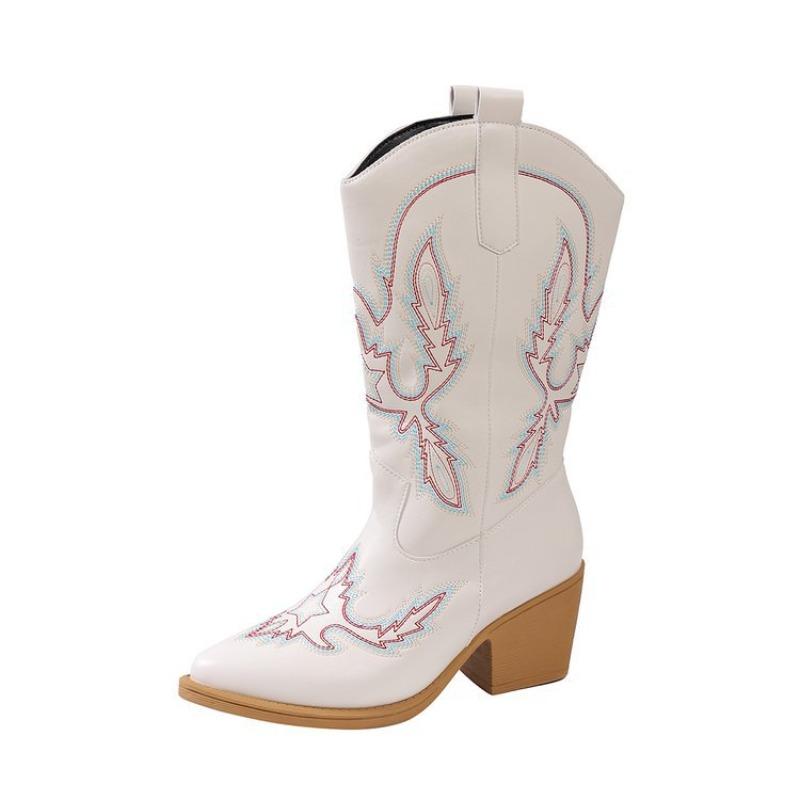 Women's Wide Width Western Cowboy Boots, Embroidered Mid-Calf Riding Boots, Vintage Chelsea Martin Boots for Women