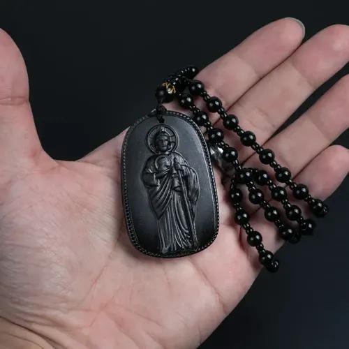 St. Jude Thaddeus 3D Relief Pendant Necklace Black Gold Faux Jade Finish – Symbolizing the warding off of malevolent forces purification
