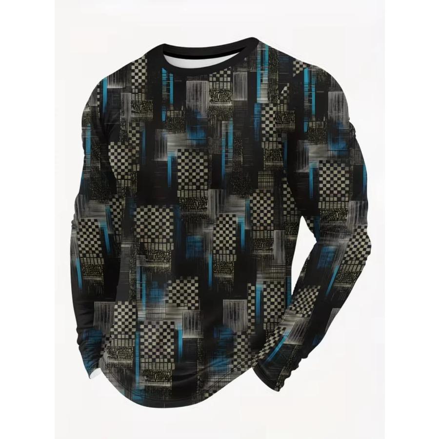 Vintage Men's Long Sleeve T-Shirt, Striped Printed Top, 3D Striped Print Loose Streetwear